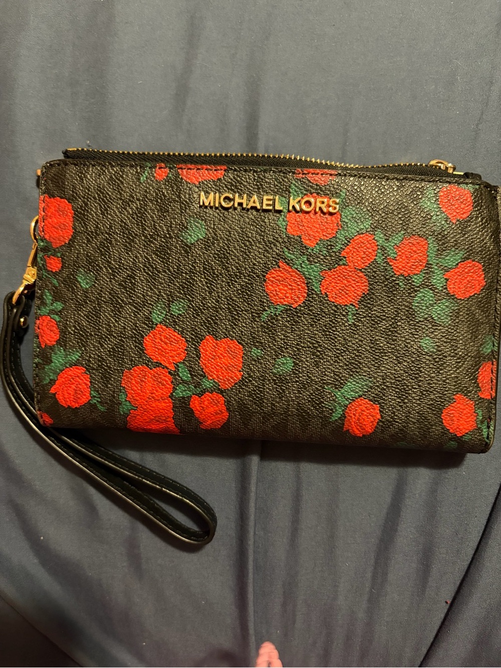 Michael Kors Black Wristlet with Red Floral Print